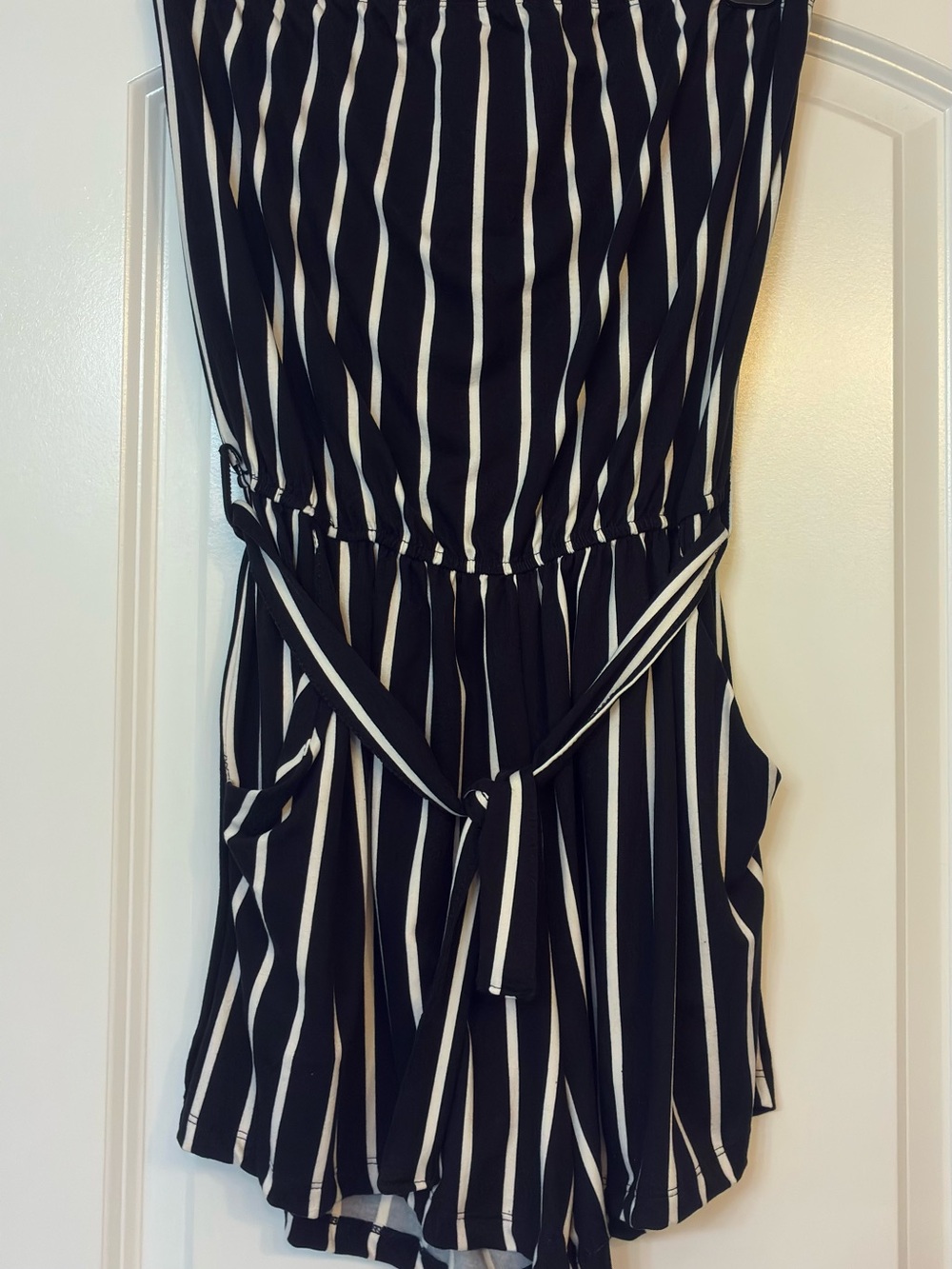 Black & White Vertical Stripe Strapless Romper